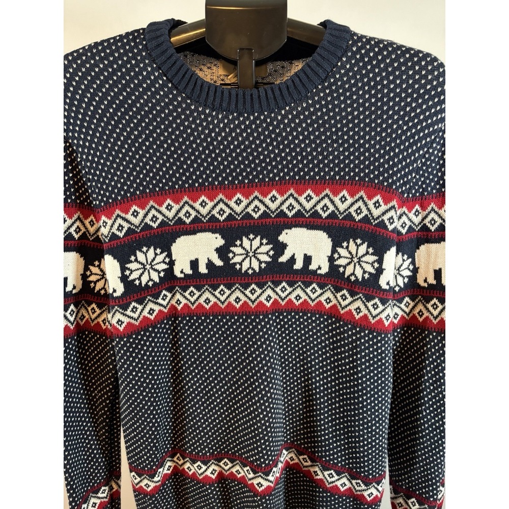 Aspen Mens Large Polar Bear Snow Fair Isle Blue Long Sleeve Sweater Cotton Crew - Picture 4 of 8